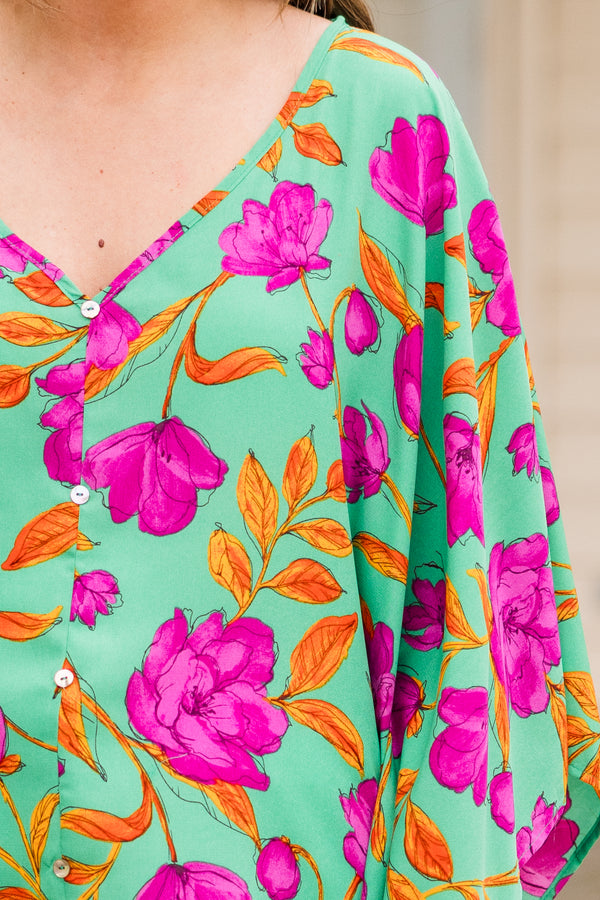 Chic Soul plus size clothing, green multi three quarter length sleeve button up detail top with floral print