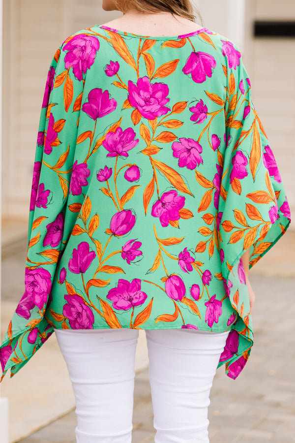 Chic Soul plus size clothing, green multi three quarter length sleeve button up detail top with floral print