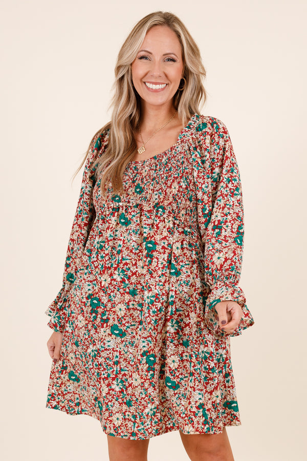 Chic Soul plus size clothing, red and blue floral patterned long sleeve short dress with ruffle detailing at bottom of sleeves