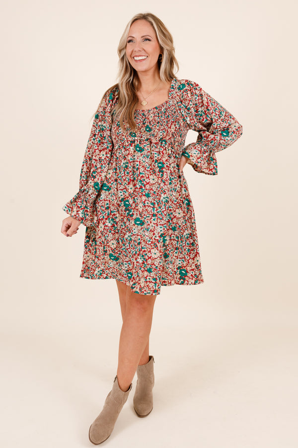 Chic Soul plus size clothing, red and blue floral patterned long sleeve short dress with ruffle detailing at bottom of sleeves