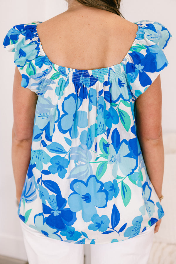 Chic Soul plus size clothing, flutter-short-sleeve blue multi-colored flowy top with a high-square-neckline and a white and blue floral pattern 
