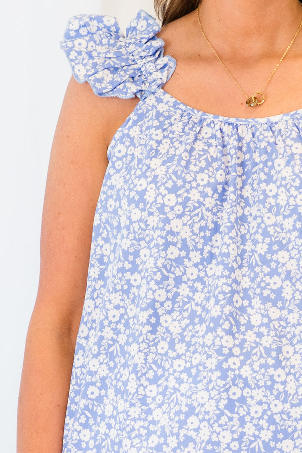 Chic Soul plus size clothing, blue sleeveless floral top with square neckline and ruffle straps
