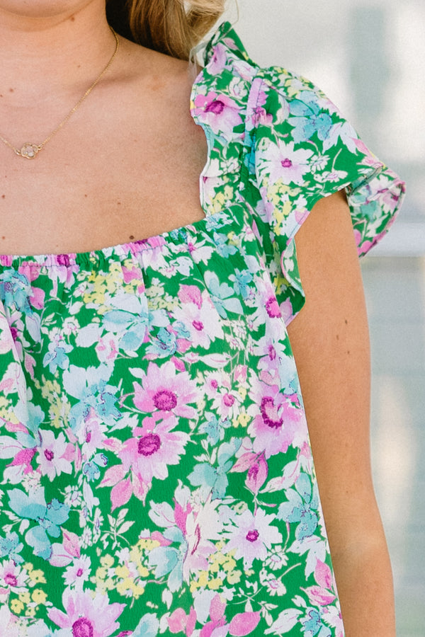 Chic Soul plus size clothing, green top with multicolor floral pattern and flutter sleeves