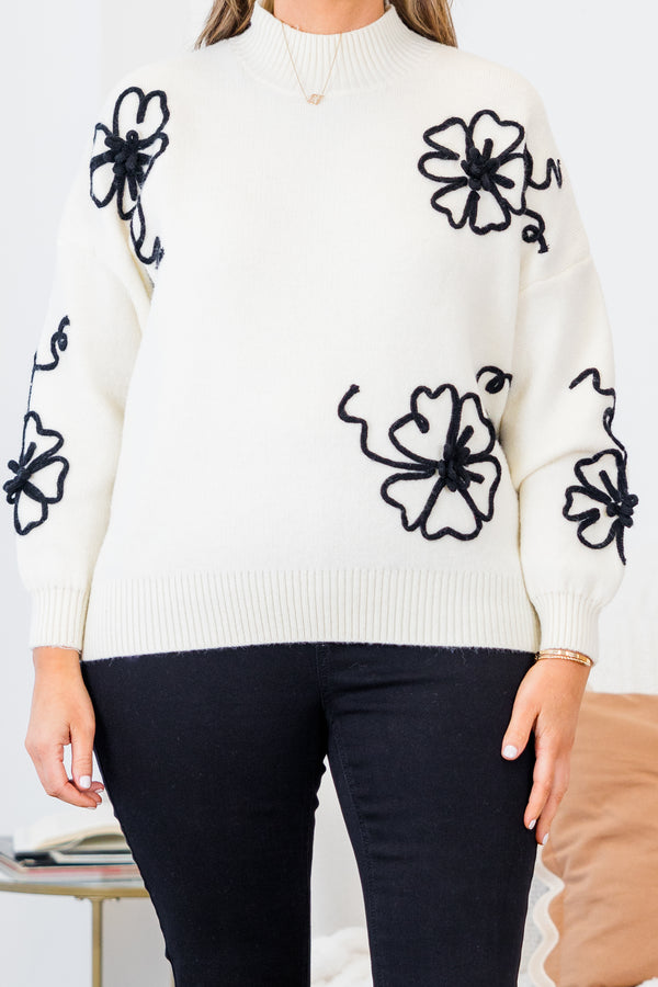 
Chic Soul plus size clothing, long sleeve cream sweater with mock neckline and cuff sleeves with textured black floral design