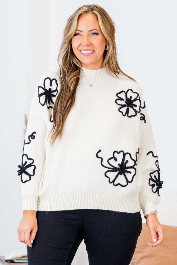 
Chic Soul plus size clothing, long sleeve cream sweater with mock neckline and cuff sleeves with textured black floral design