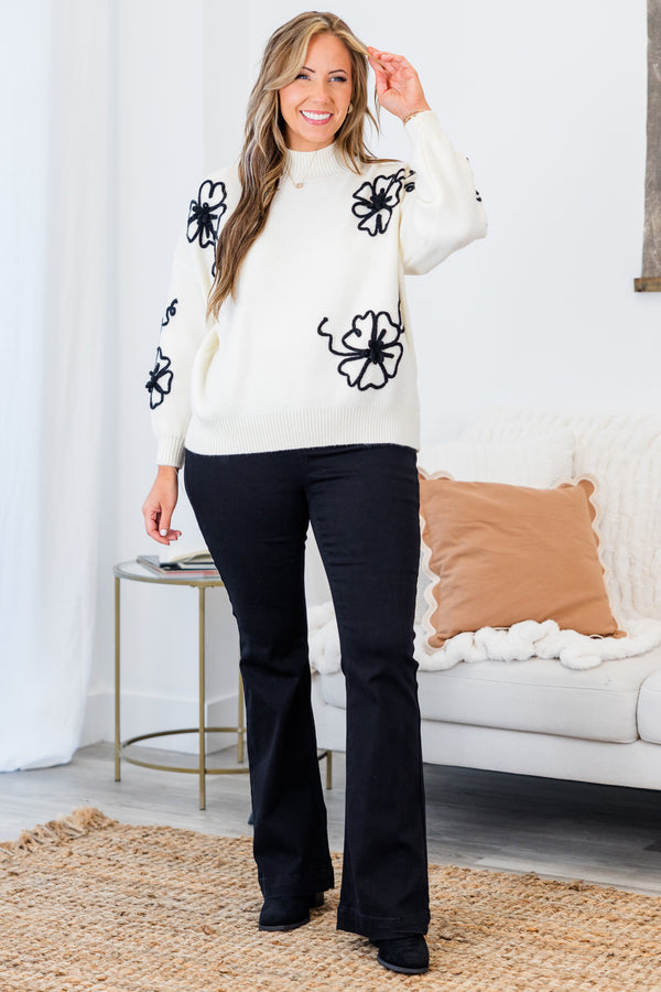 
Chic Soul plus size clothing, long sleeve cream sweater with mock neckline and cuff sleeves with textured black floral design