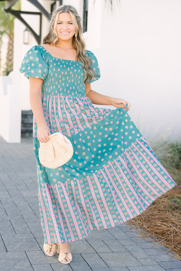 Chic Soul plus size clothing, jade green puff short sleeve maxi dress with floral pattern and vertical pink stripes in colorblock pattern and shirring along the top of the dress