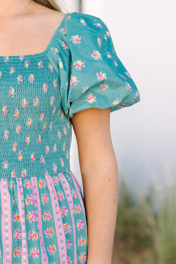 Chic Soul plus size clothing, jade green puff short sleeve maxi dress with floral pattern and vertical pink stripes in colorblock pattern and shirring along the top of the dress