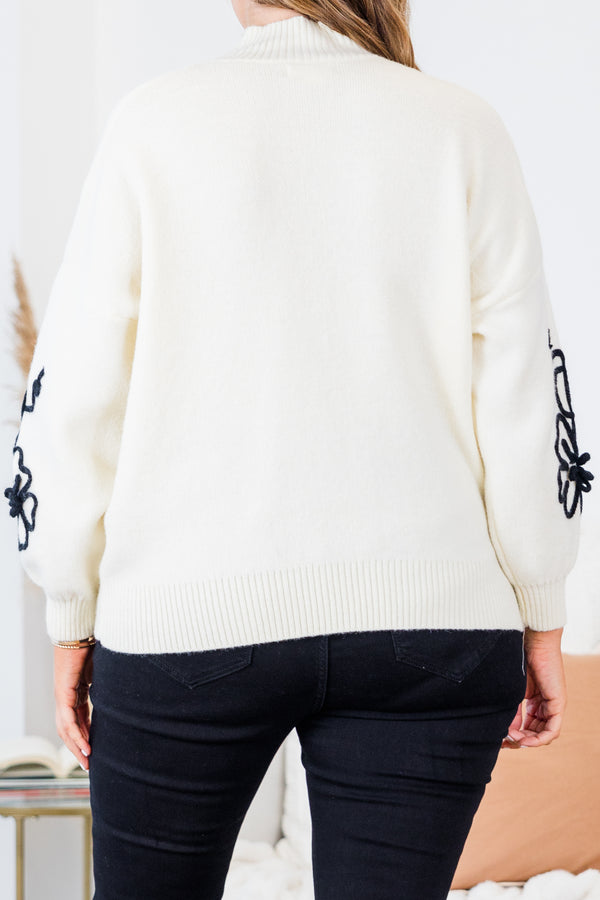 
Chic Soul plus size clothing, long sleeve cream sweater with mock neckline and cuff sleeves with textured black floral design