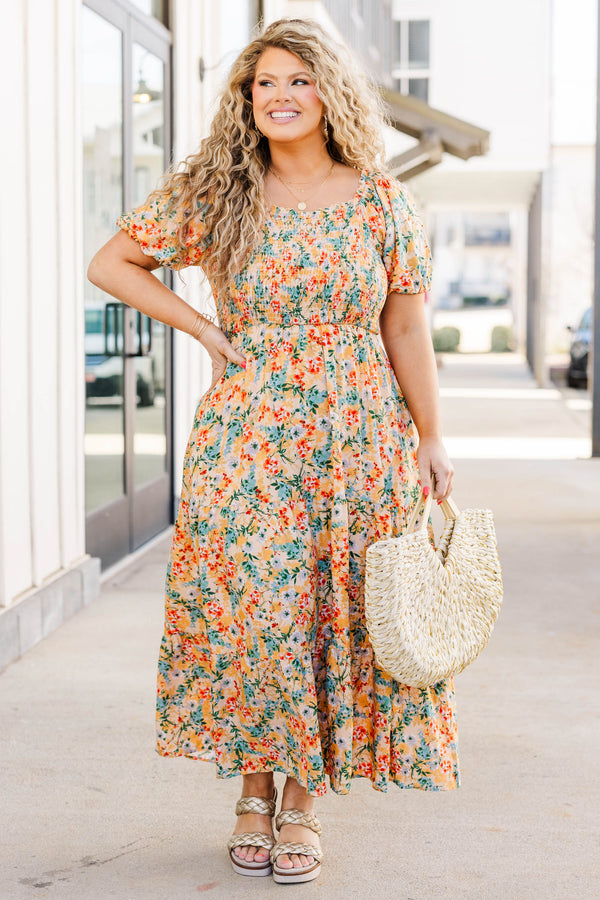 Chic Soul plus size clothing, peach maxi dress with short balloon sleeves and smocked top