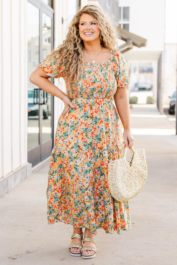 Chic Soul plus size clothing, peach maxi dress with short balloon sleeves and smocked top