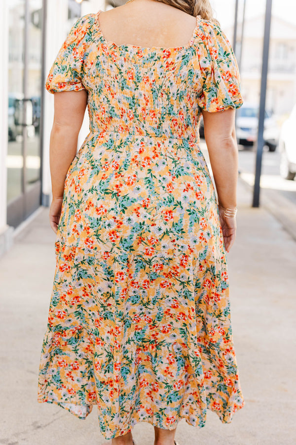 Chic Soul plus size clothing, peach maxi dress with short balloon sleeves and smocked top