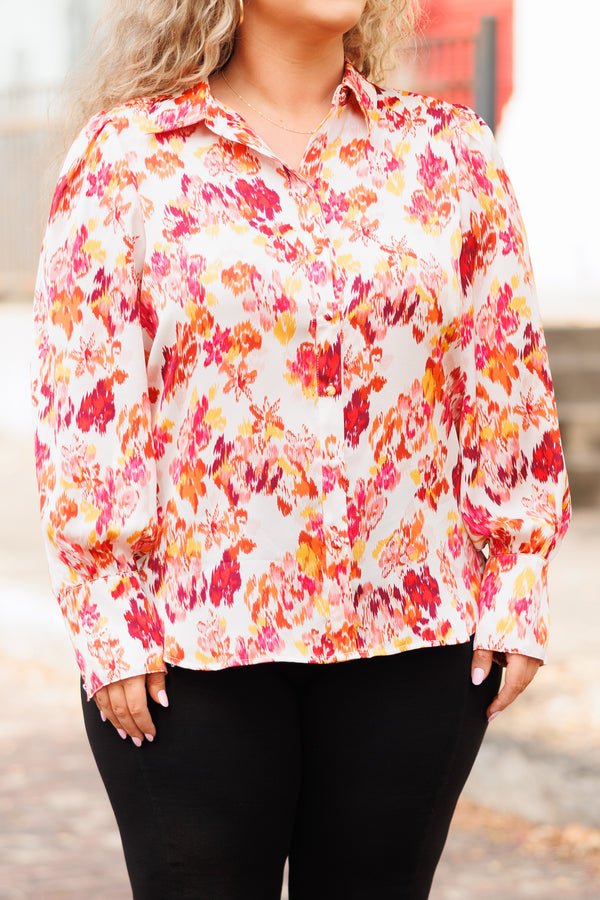 Chic Soul plus size clothing, ivory button down collared top with multicolor floral pattern