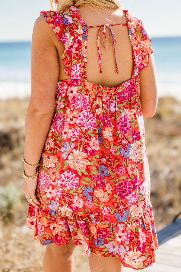 Chic Soul plus size clothing, tomato multi colored floral print mini dress with ruffle straps with square neckline with tiered detail with tie detail on the back

