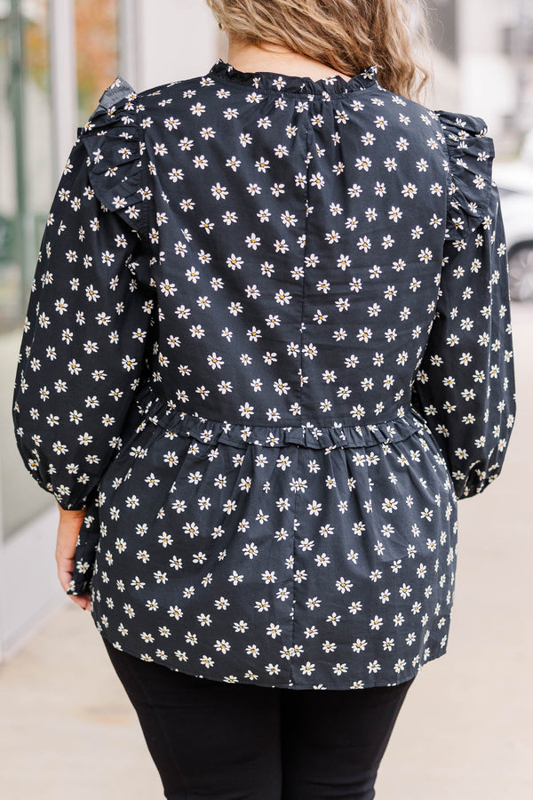 Chic Soul plus size clothing, black flowy floral top with a v neckline