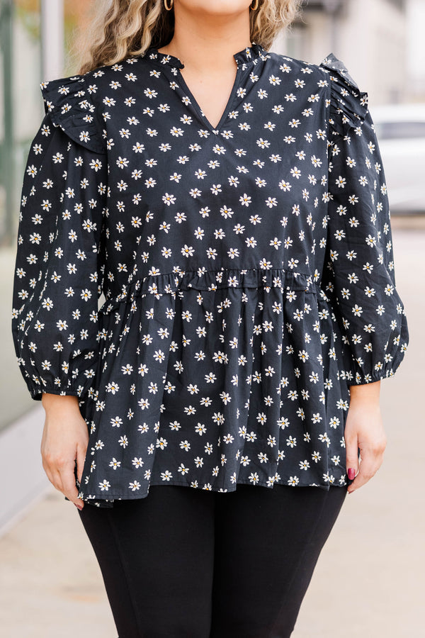 Chic Soul plus size clothing, black flowy floral top with a v neckline