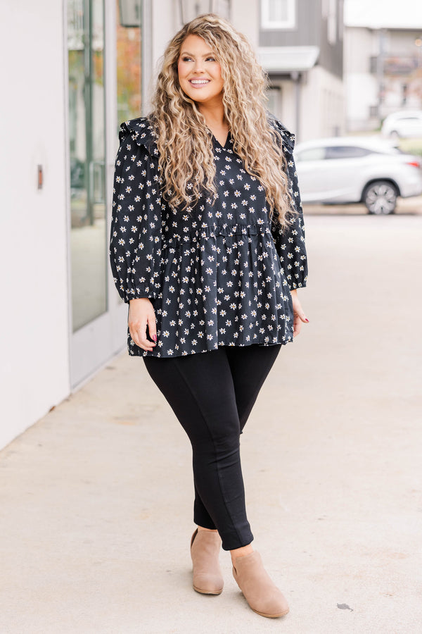 Chic Soul plus size clothing, black flowy floral top with a v neckline
