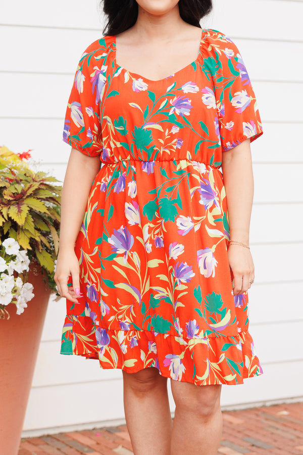 Chic Soul plus size clothing, orange dress with multicolor floral pattern and bubble sleeves