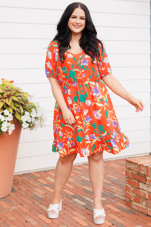 Chic Soul plus size clothing, orange dress with multicolor floral pattern and bubble sleeves