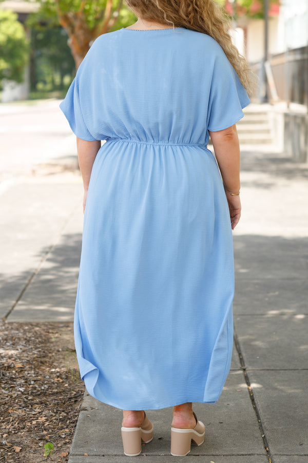 Chic Soul plus size clothing, blue babydoll flowy maxi dress with smocked detailing on the front
