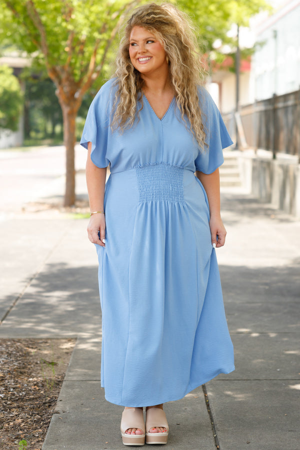 Chic Soul plus size clothing, blue babydoll flowy maxi dress with smocked detailing on the front