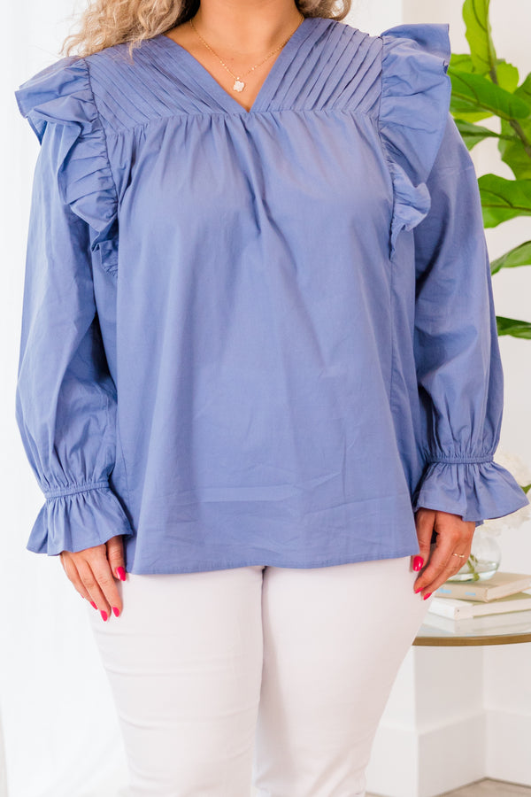 Chic Soul plus size clothing, blue long sleeve top with ruffle cuff sleeves with v neck detail and ruffle along shoulders