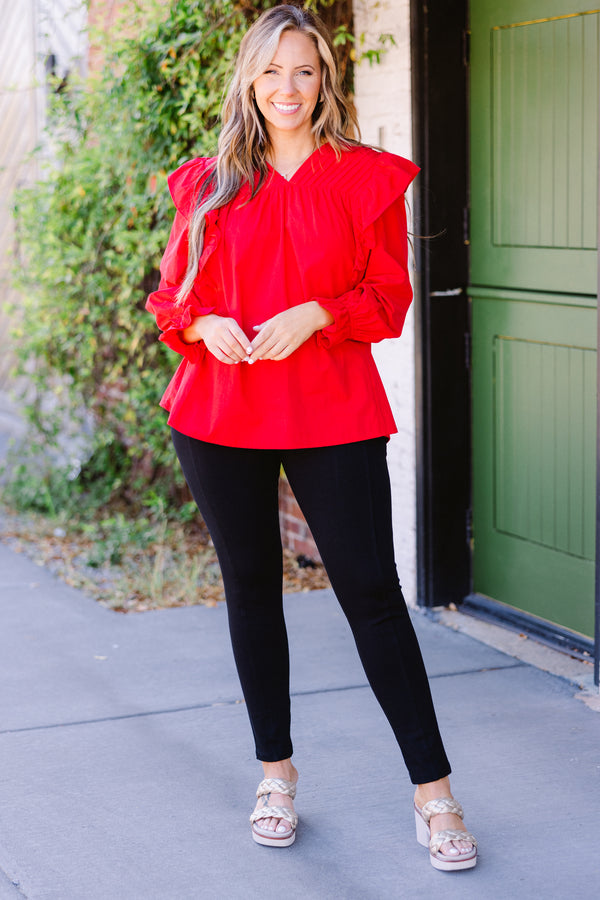 Chic Soul plus size clothing, long sleeve red top with ruffle flutter on shoulder with cuff sleeves and v neckline