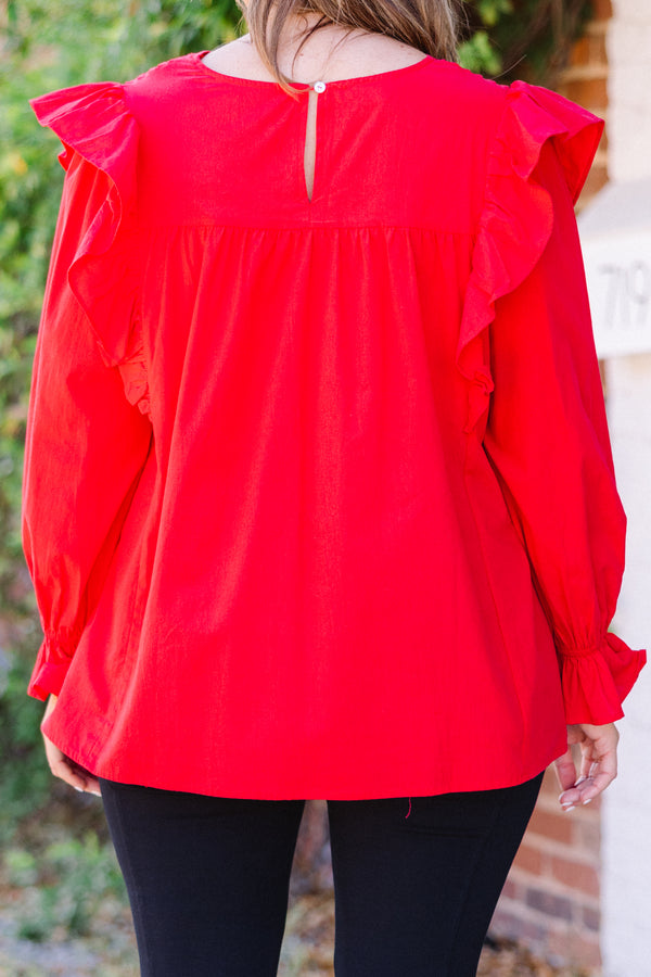 Chic Soul plus size clothing, long sleeve red top with ruffle flutter on shoulder with cuff sleeves and v neckline