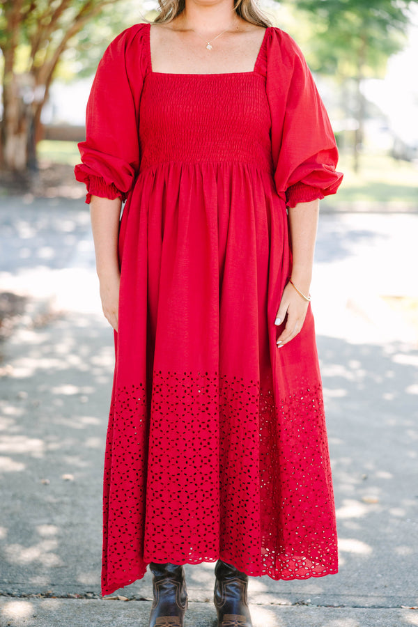 Plus Size burgundy midi dress with smocked bodice, square neckline, balloon sleeves, and eyelet hem.