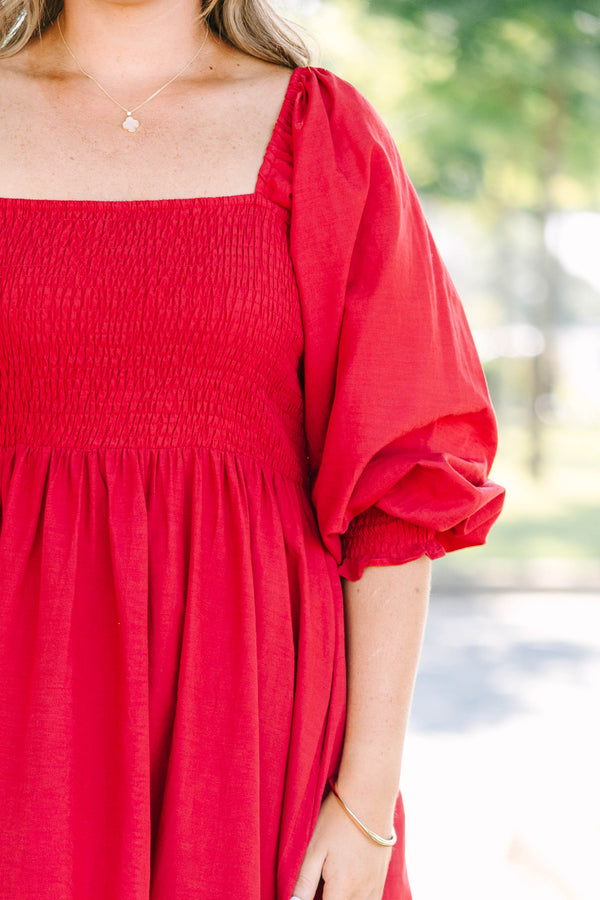 Plus Size burgundy midi dress with smocked bodice, square neckline, balloon sleeves, and eyelet hem.