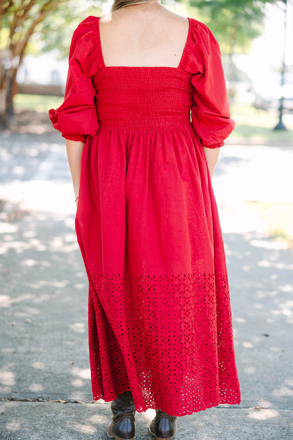 Plus Size burgundy midi dress with smocked bodice, square neckline, balloon sleeves, and eyelet hem.