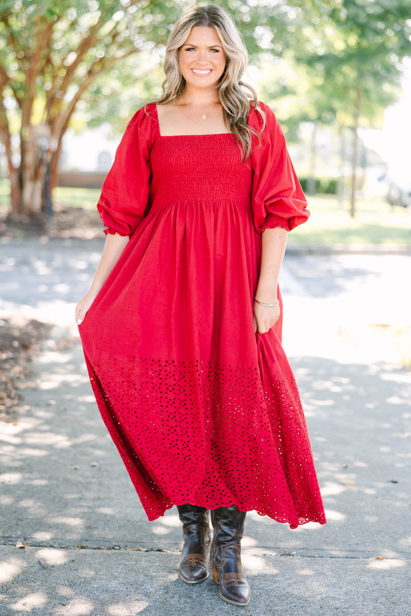 Plus Size burgundy midi dress with smocked bodice, square neckline, balloon sleeves, and eyelet hem.