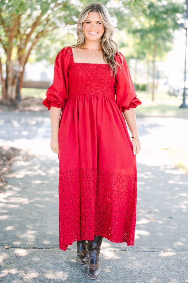 Plus Size burgundy midi dress with smocked bodice, square neckline, balloon sleeves, and eyelet hem.