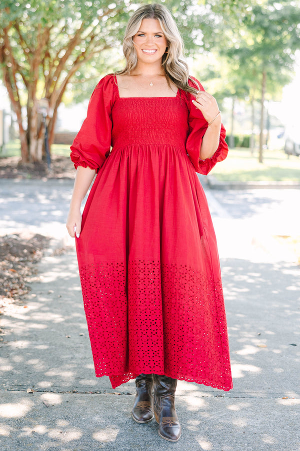 Plus Size burgundy midi dress with smocked bodice, square neckline, balloon sleeves, and eyelet hem.