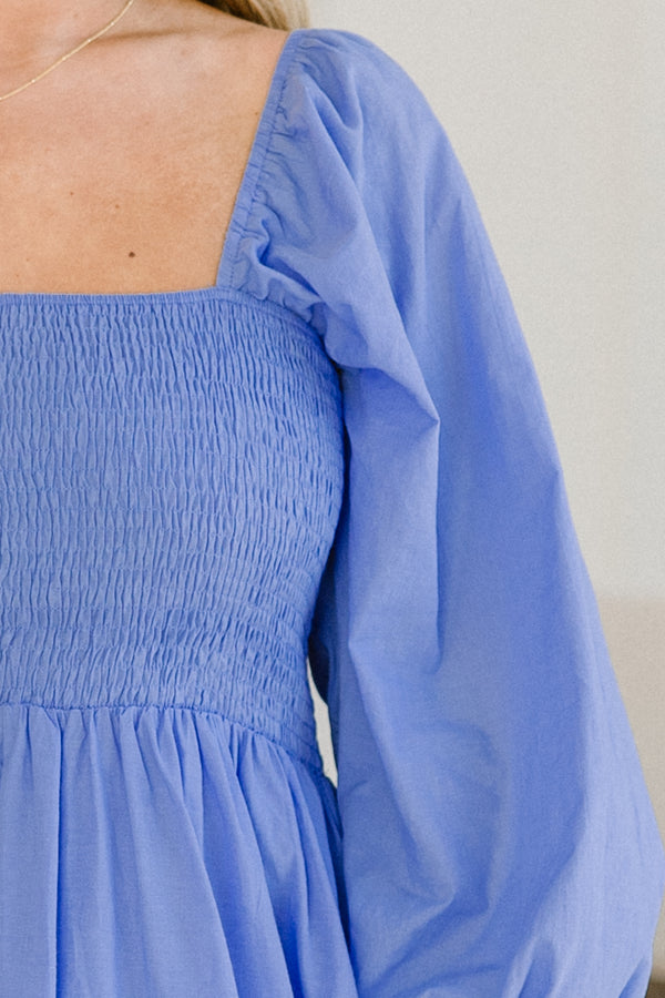 Chic Soul plus size clothing, blue long sleeve maxi dress with smocked top with square neckline and puff sleeves with eyelet detail along bottom