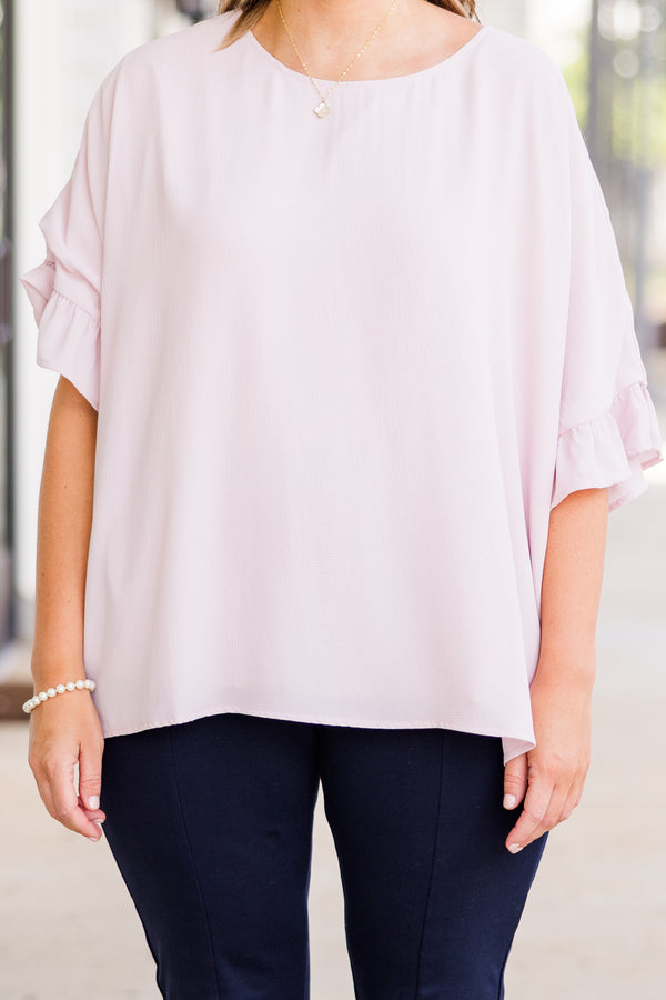 Chic Soul plus size clothing, light pink short sleeve flowy top with round neckline with ruffle detail on sleeves