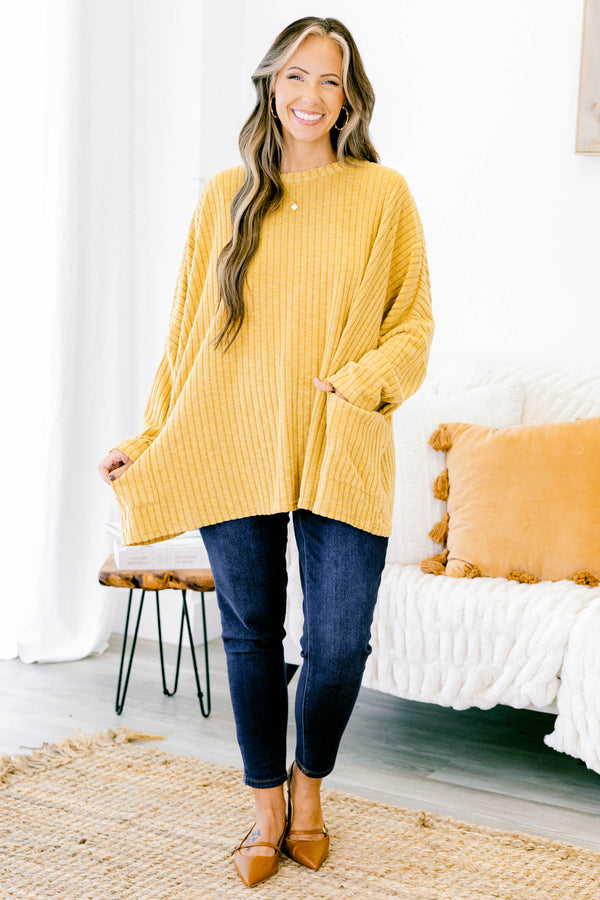 shirt, long sleeve, pockets, flowy, ribbed, longer back, yellow, comfy, fall, winter