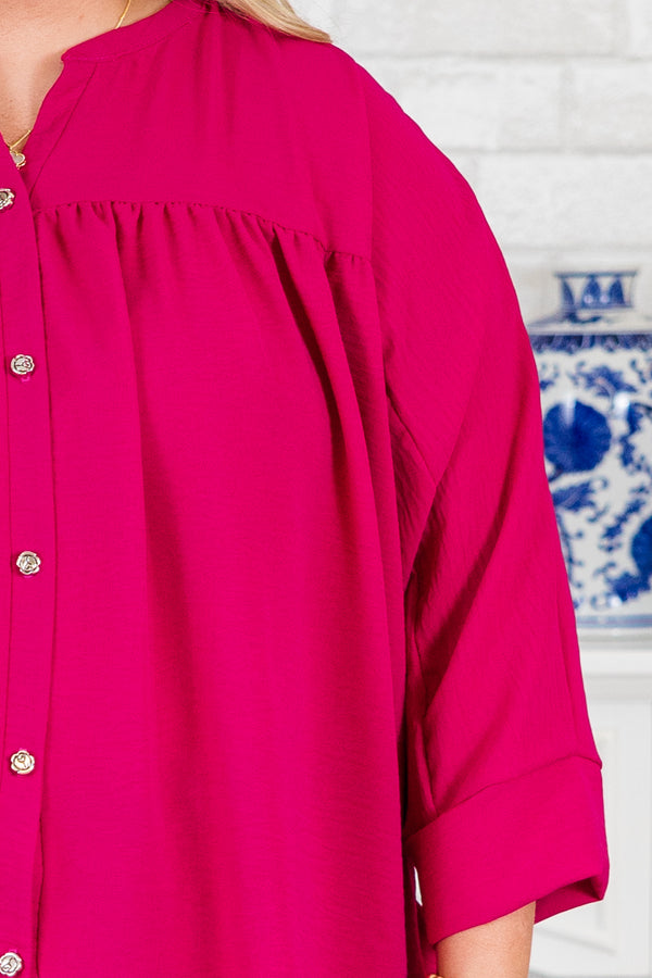 Plus Size pink airflow top with functional silver buttons, a v-neckline, and 3/4 length sleeves.