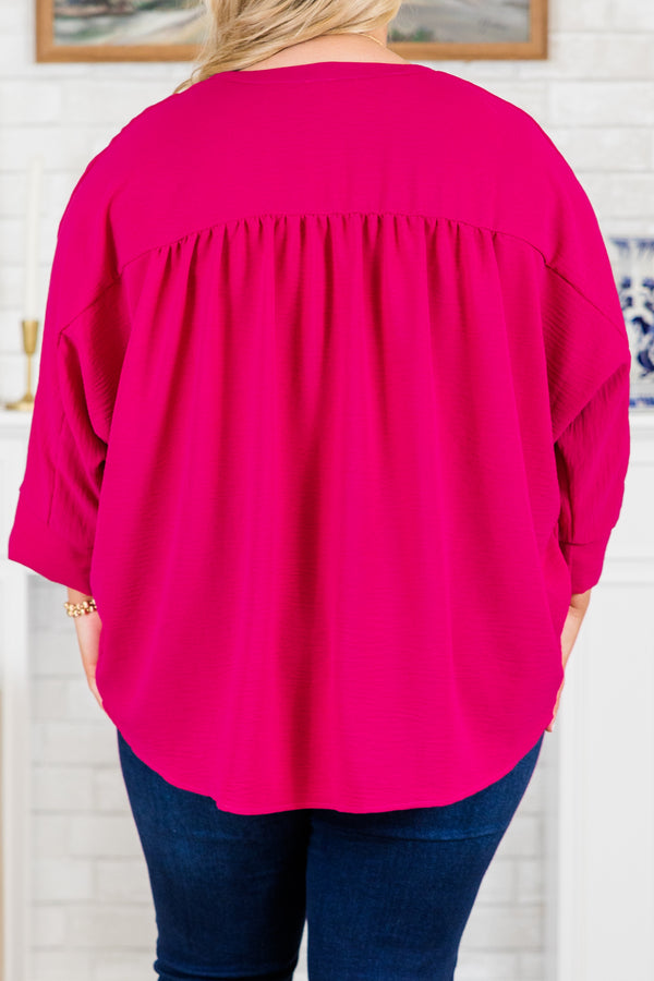 Plus Size pink airflow top with functional silver buttons, a v-neckline, and 3/4 length sleeves.