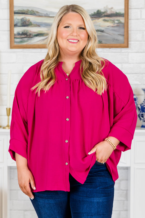 Plus Size pink airflow top with functional silver buttons, a v-neckline, and 3/4 length sleeves.