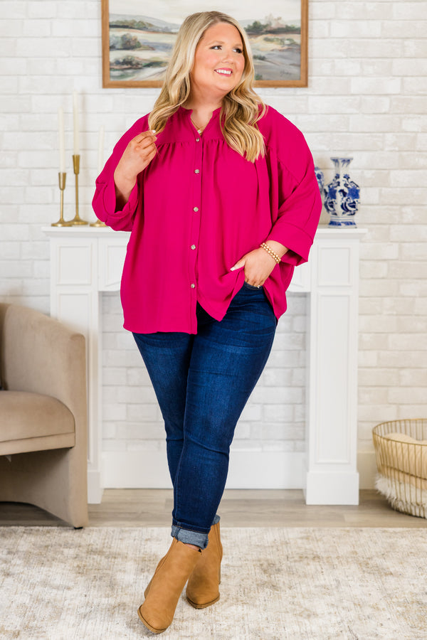 Plus Size pink airflow top with functional silver buttons, a v-neckline, and 3/4 length sleeves.