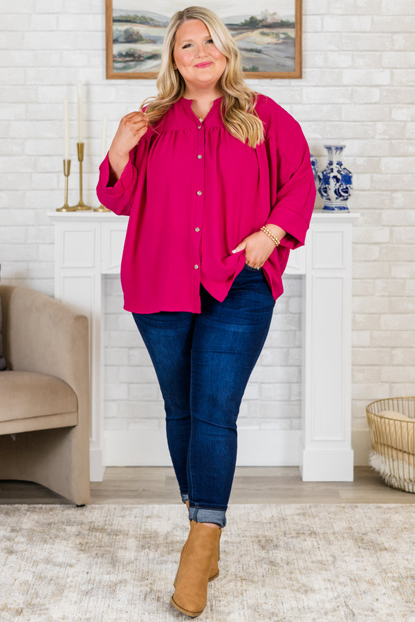 Plus Size pink airflow top with functional silver buttons, a v-neckline, and 3/4 length sleeves.