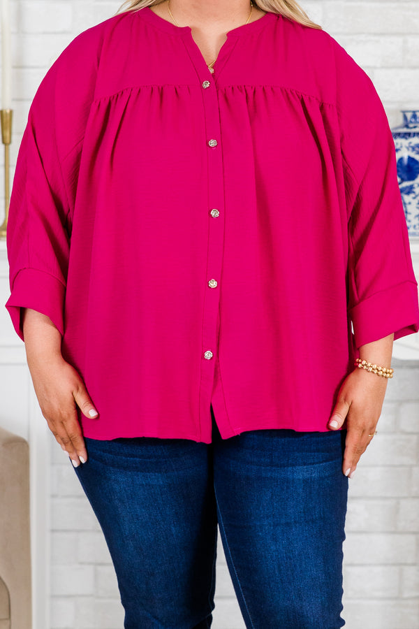 Plus Size pink airflow top with functional silver buttons, a v-neckline, and 3/4 length sleeves.