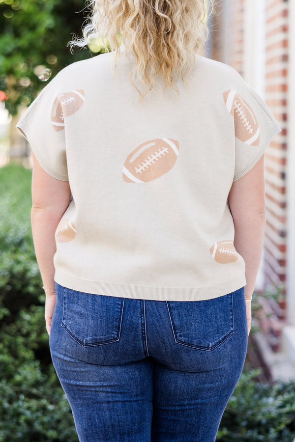 Chic Soul plus size clothing, oatmeal short sleeve knit sweater top with mock neckline and football details