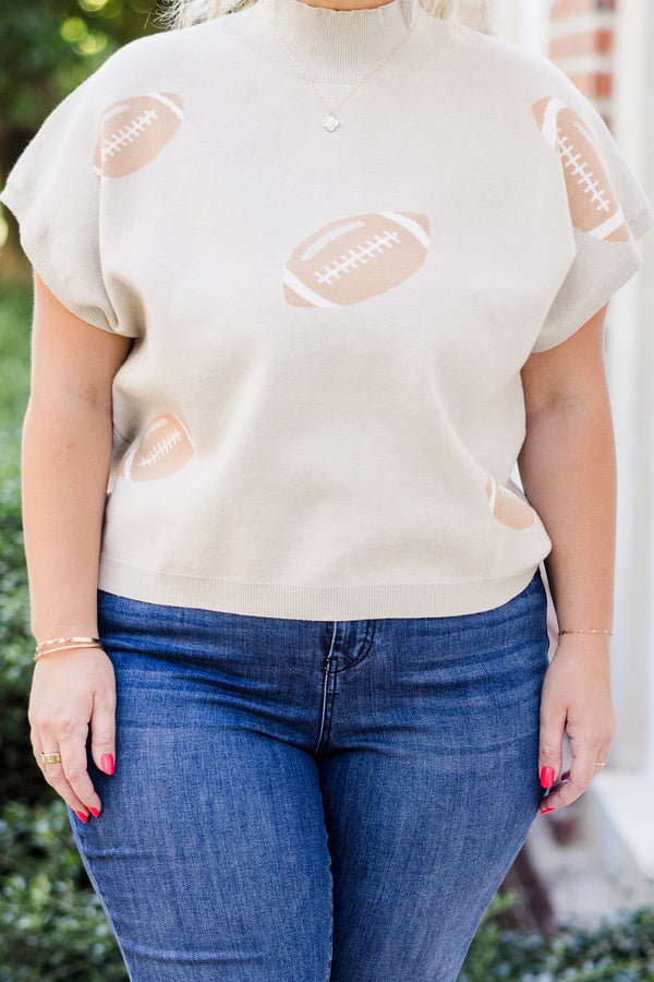 Chic Soul plus size clothing, oatmeal short sleeve knit sweater top with mock neckline and football details