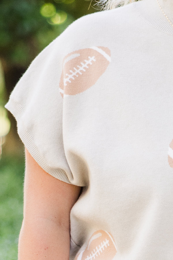 Chic Soul plus size clothing, oatmeal short sleeve knit sweater top with mock neckline and football details