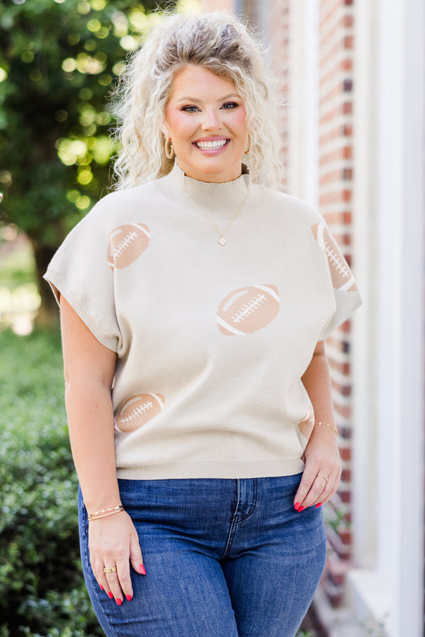 Chic Soul plus size clothing, oatmeal short sleeve knit sweater top with mock neckline and football details