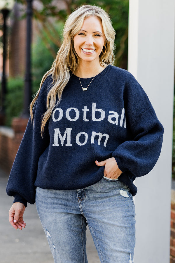 Chic Soul plus size clothing, navy long sleeve knit sweater top with round neckline with cuffed bubble sleeves with 