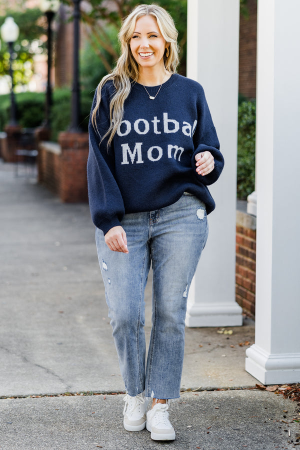 Chic Soul plus size clothing, navy long sleeve knit sweater top with round neckline with cuffed bubble sleeves with 