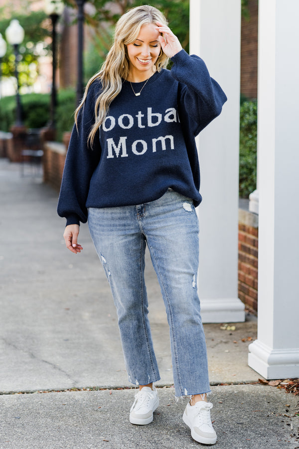 Chic Soul plus size clothing, navy long sleeve knit sweater top with round neckline with cuffed bubble sleeves with 